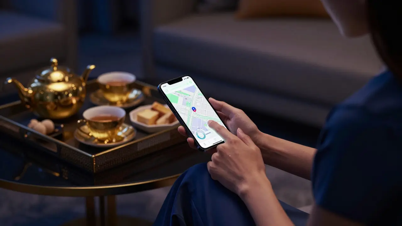 A woman in a hotel room using a discreet safety device, calmly managing her work with control and awareness.
