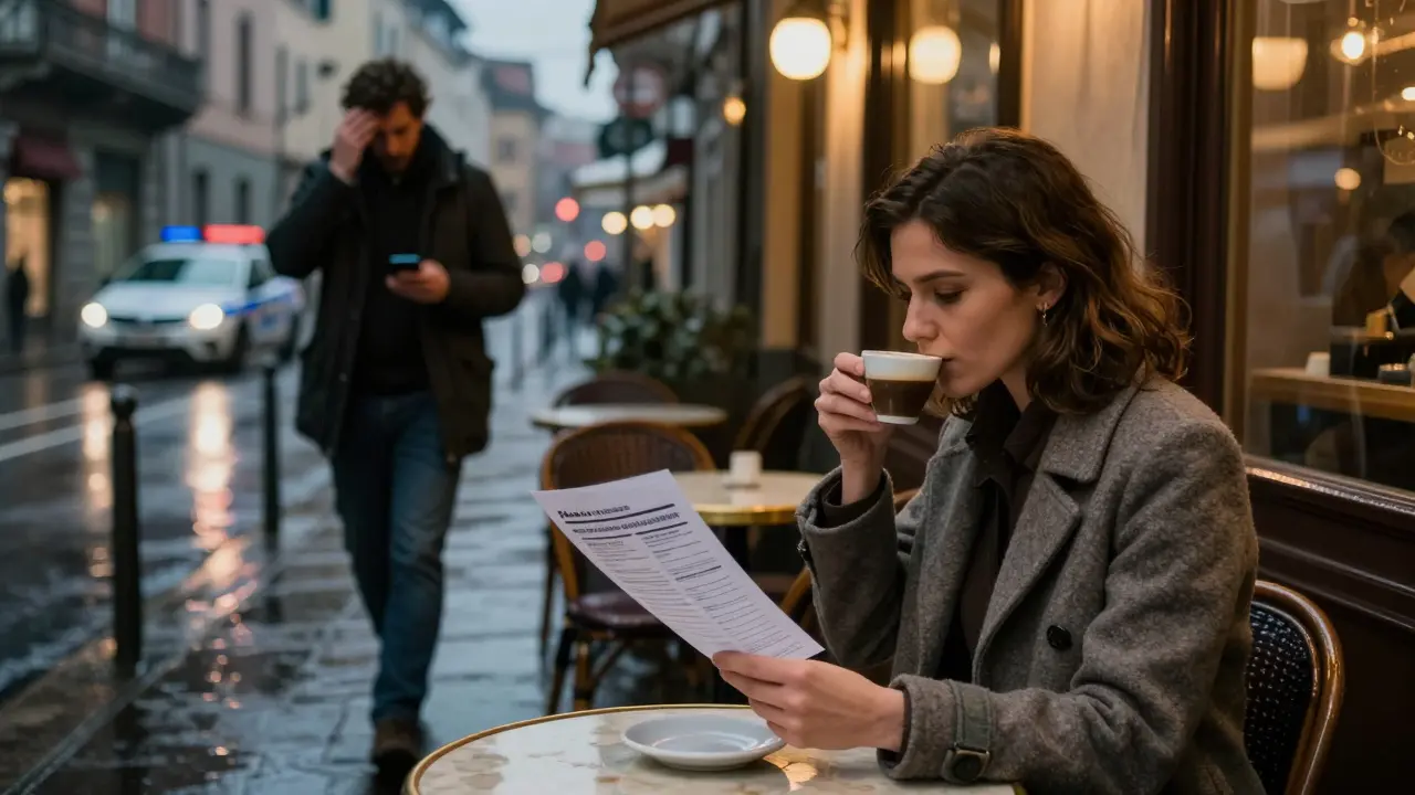 A woman reviews an agency profile at a Milan café under rainy night lights.
