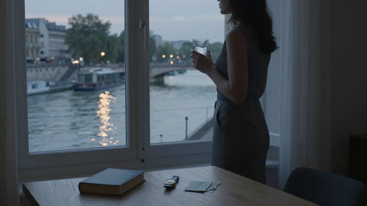 A woman standing by a window in Paris, looking at the Seine, with a book and cash envelope on the table.