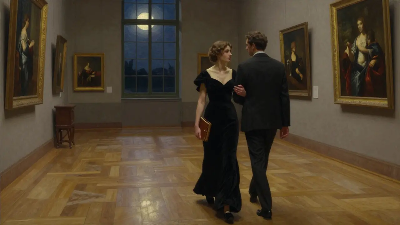 A woman walks beside a man through an empty art gallery at night, moonlight casting long shadows over classical paintings.
