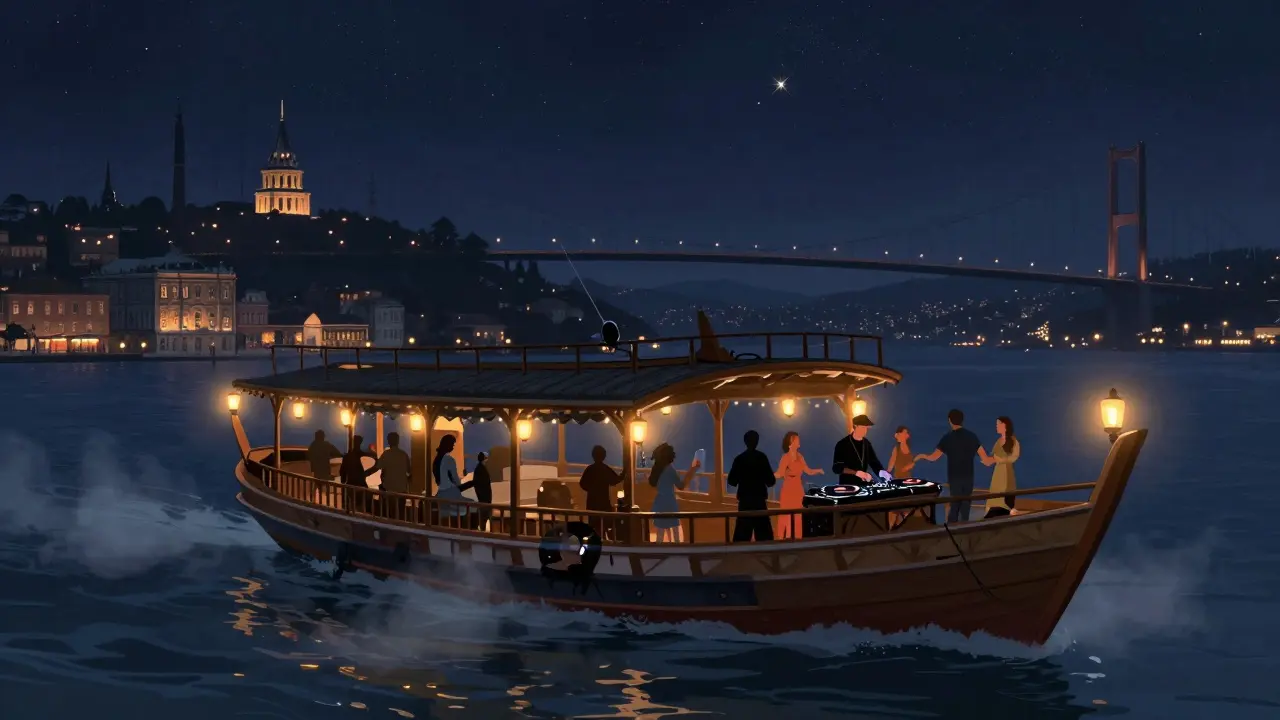 A wooden gulet yacht gliding on the Bosphorus at night, lit by lanterns as people dance under the stars.
