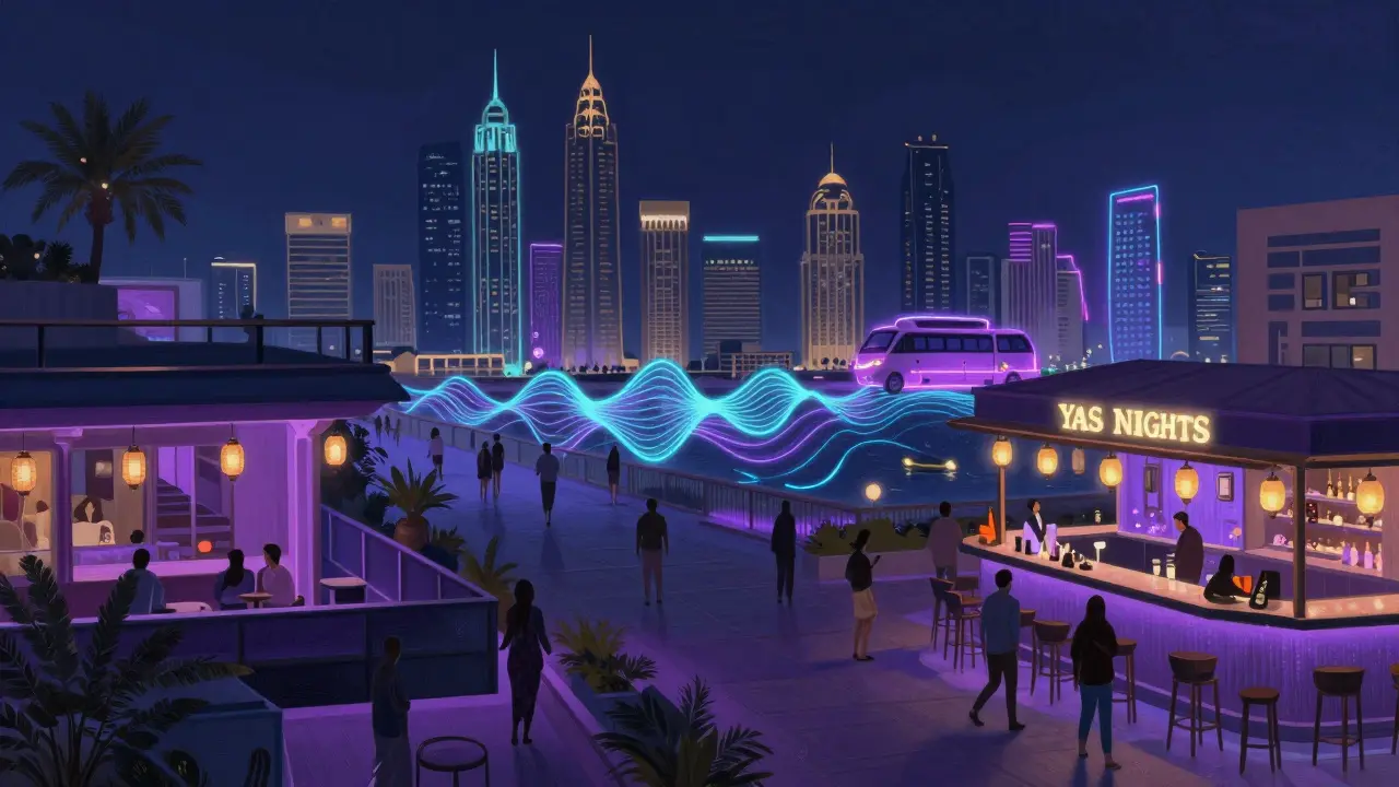 Abstract map of Abu Dhabi nightlife venues connected by glowing paths under a starry sky.