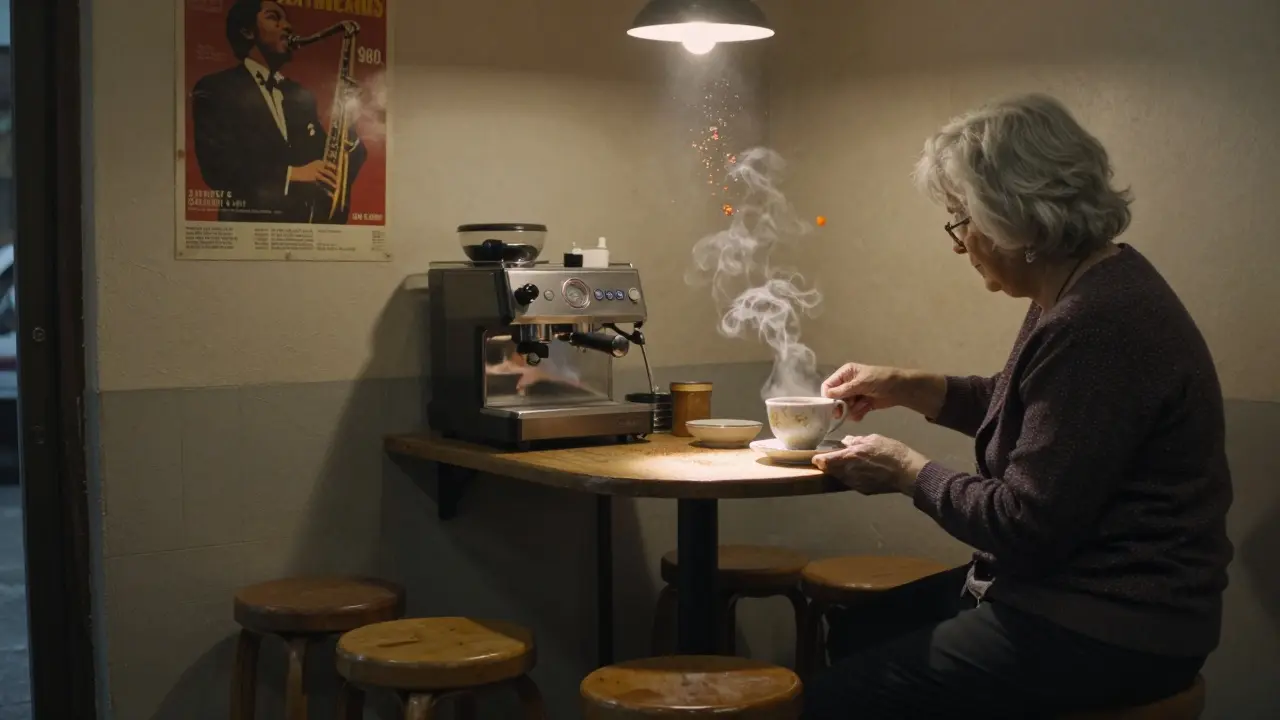 An elderly woman pouring coffee at 4 a.m. in a tiny, quiet café with a single lit counter.