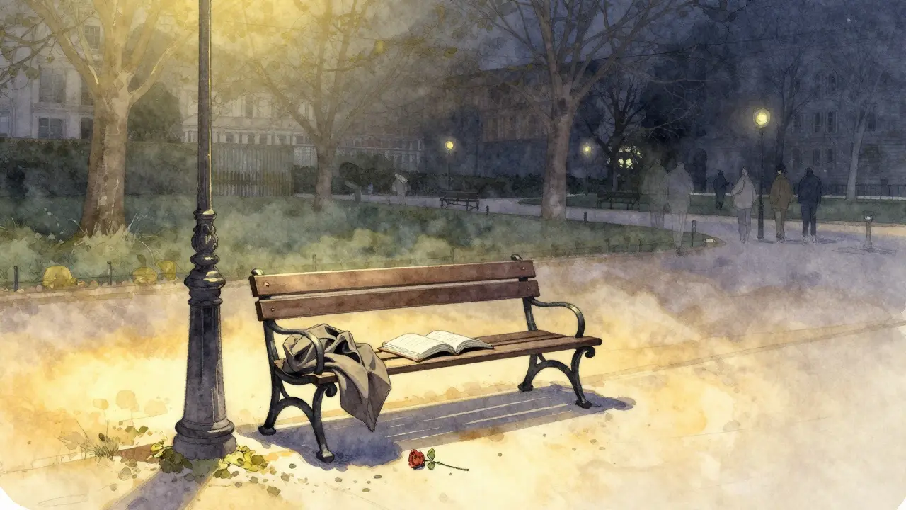 An empty bench near Luxembourg Gardens with an open book and rose, golden light casting a quiet, solitary mood.