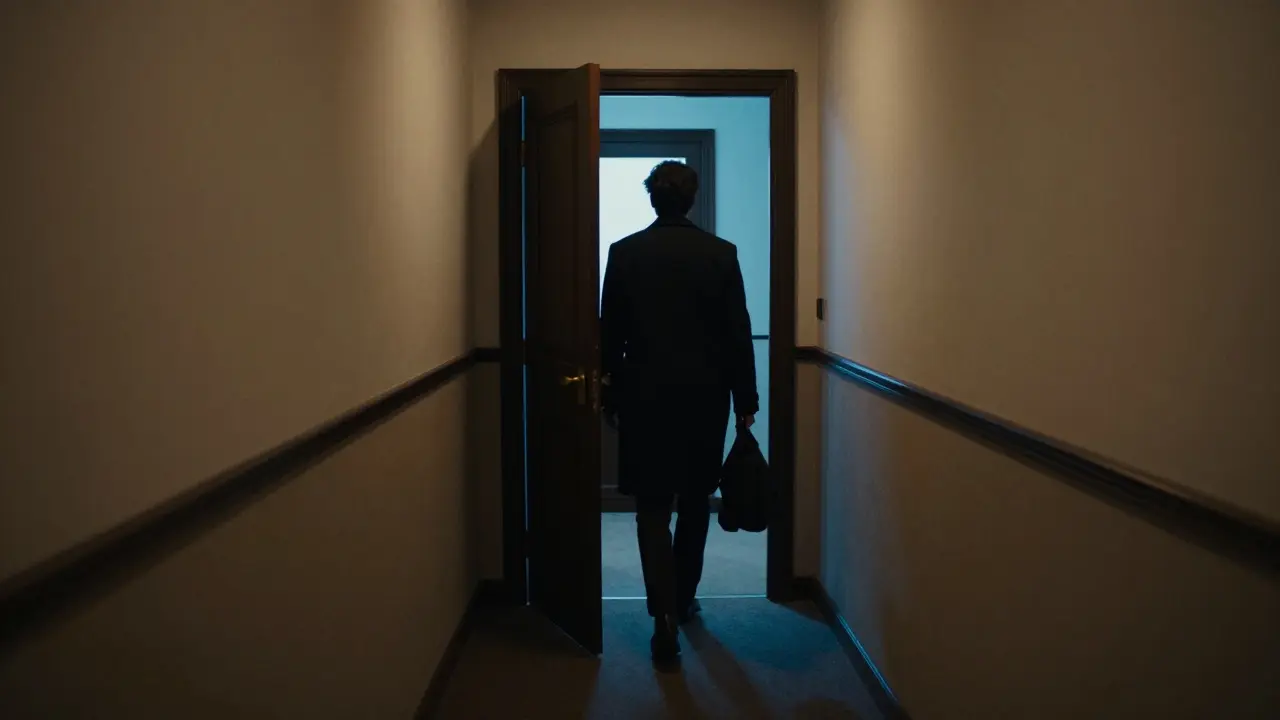 An empty hotel hallway at night, a figure leaving quietly with dignity.