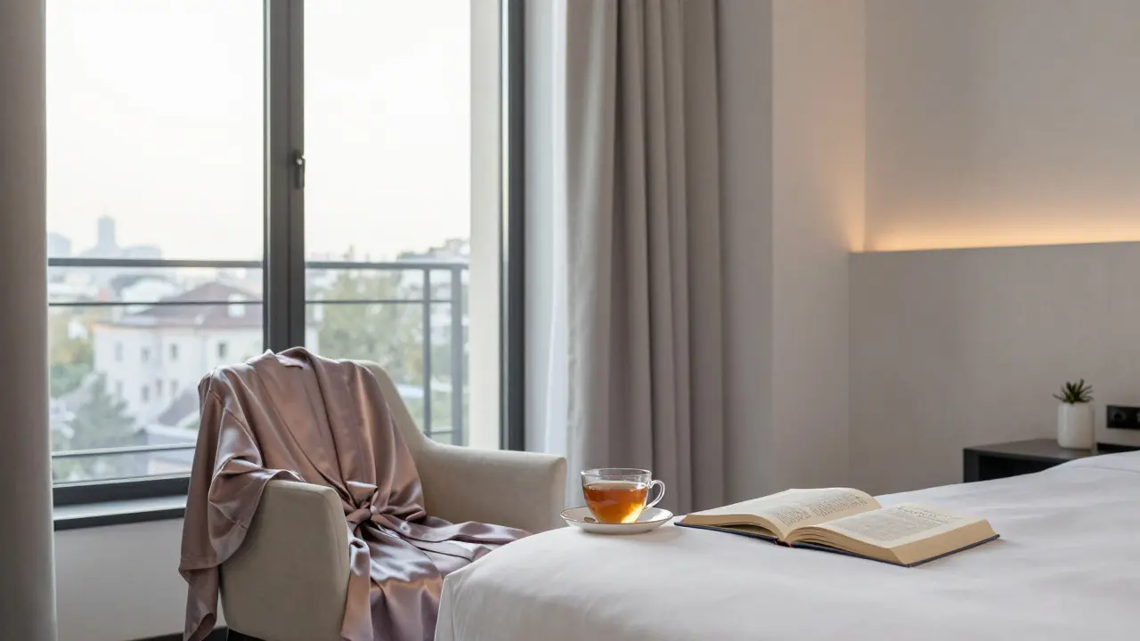 An empty luxury hotel suite at dawn with a silk robe and open book on the nightstand.