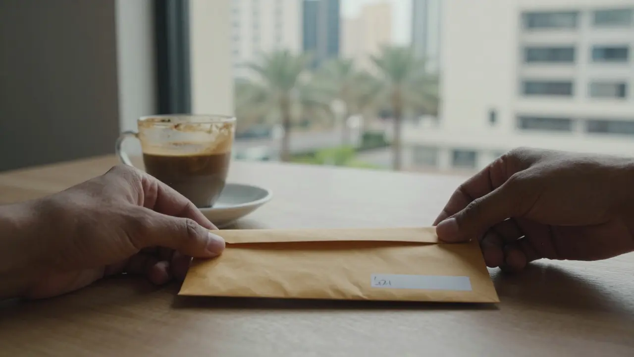 An envelope placed neatly on a table beside coffee, symbolizing timely, respectful payment in a professional companionship arrangement.