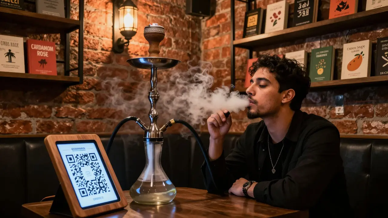 An industrial shisha lounge with digital menu and smart hookah, surrounded by Arabic books.