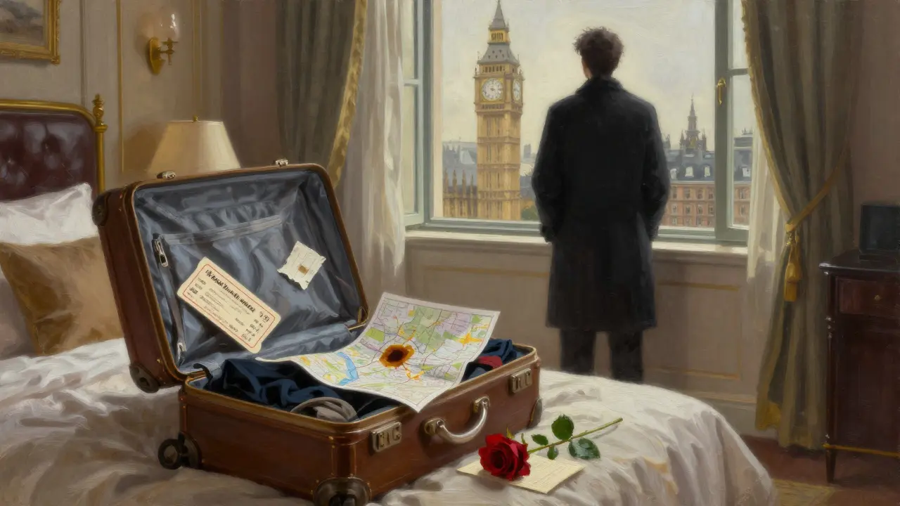 An open suitcase spilling memories in a hotel room, with a shadowy figure gazing at Big Ben.