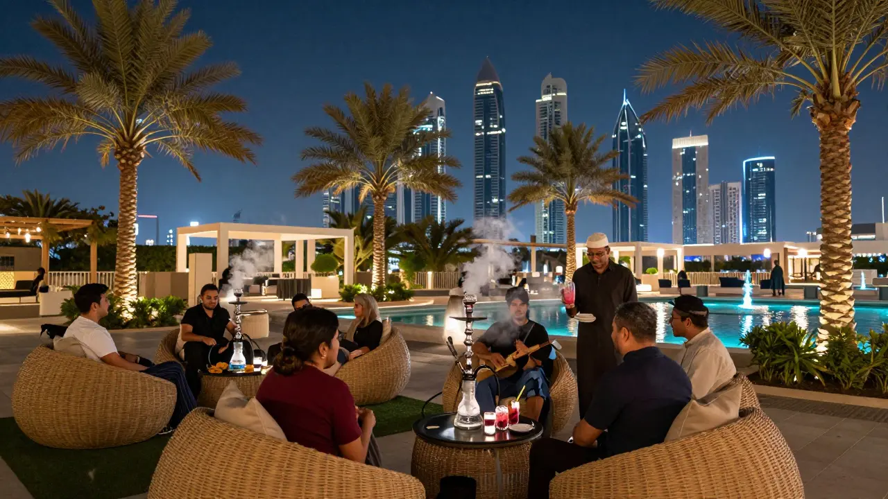 An outdoor shisha garden under stars with palm trees, water features, and skyline views.