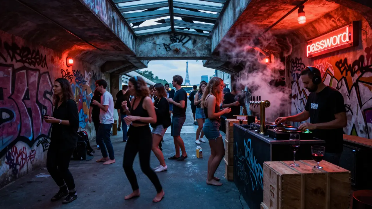 An underground club in a former train station with graffiti walls, people dancing on concrete under dim red lights.