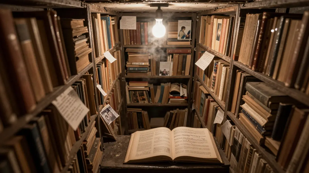 An underground library filled with dusty books, handwritten notes, and faded photographs.