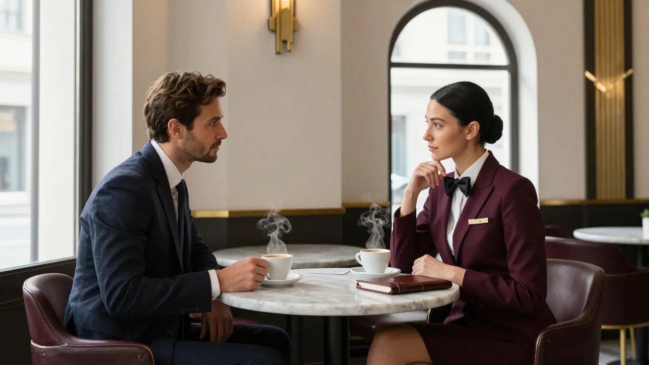 Client and escort having quiet conversation over coffee at Caffè Pasticceria Cova, elegant interior, natural light.