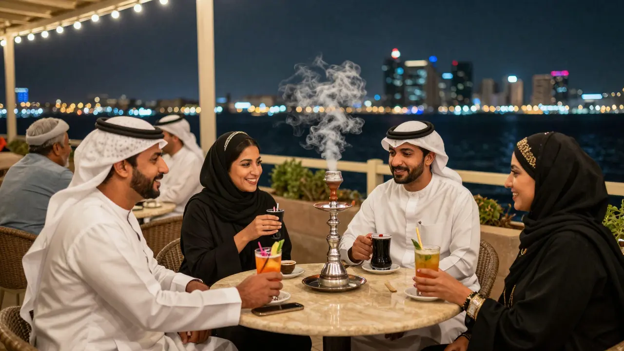 Couples and families enjoying shisha and coffee at Al Mina bar with city lights reflecting on water.