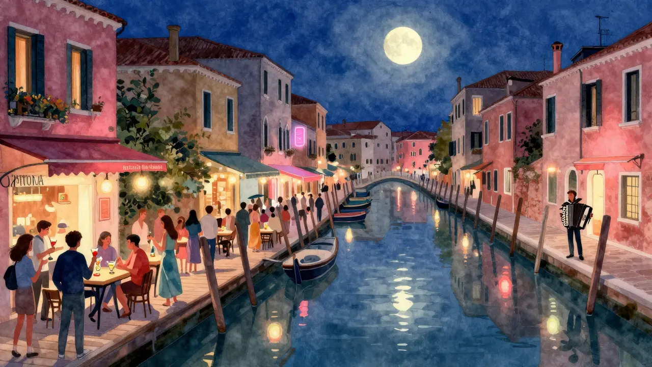 Couples and friends gathered along a canal-side bar district in Milan under night lights.