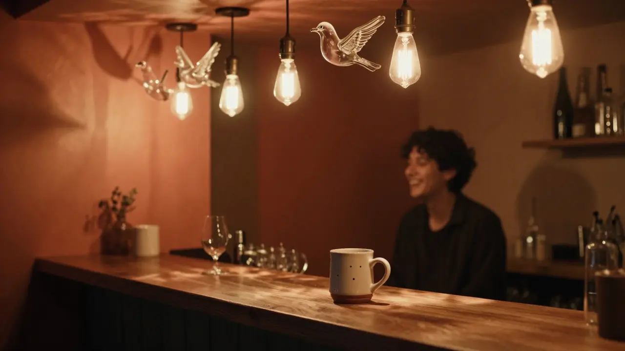 Cozy intimate bar with hanging glass birds, warm Edison bulbs, and ceramic mugs on a wooden counter.