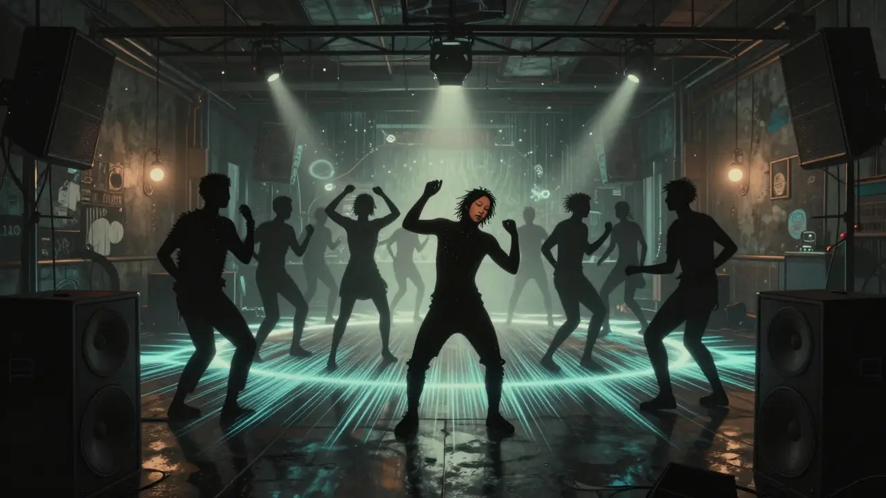 Crowd dancing in a club, bass vibrations visible, no VIP tables, intense energy at 4 a.m.