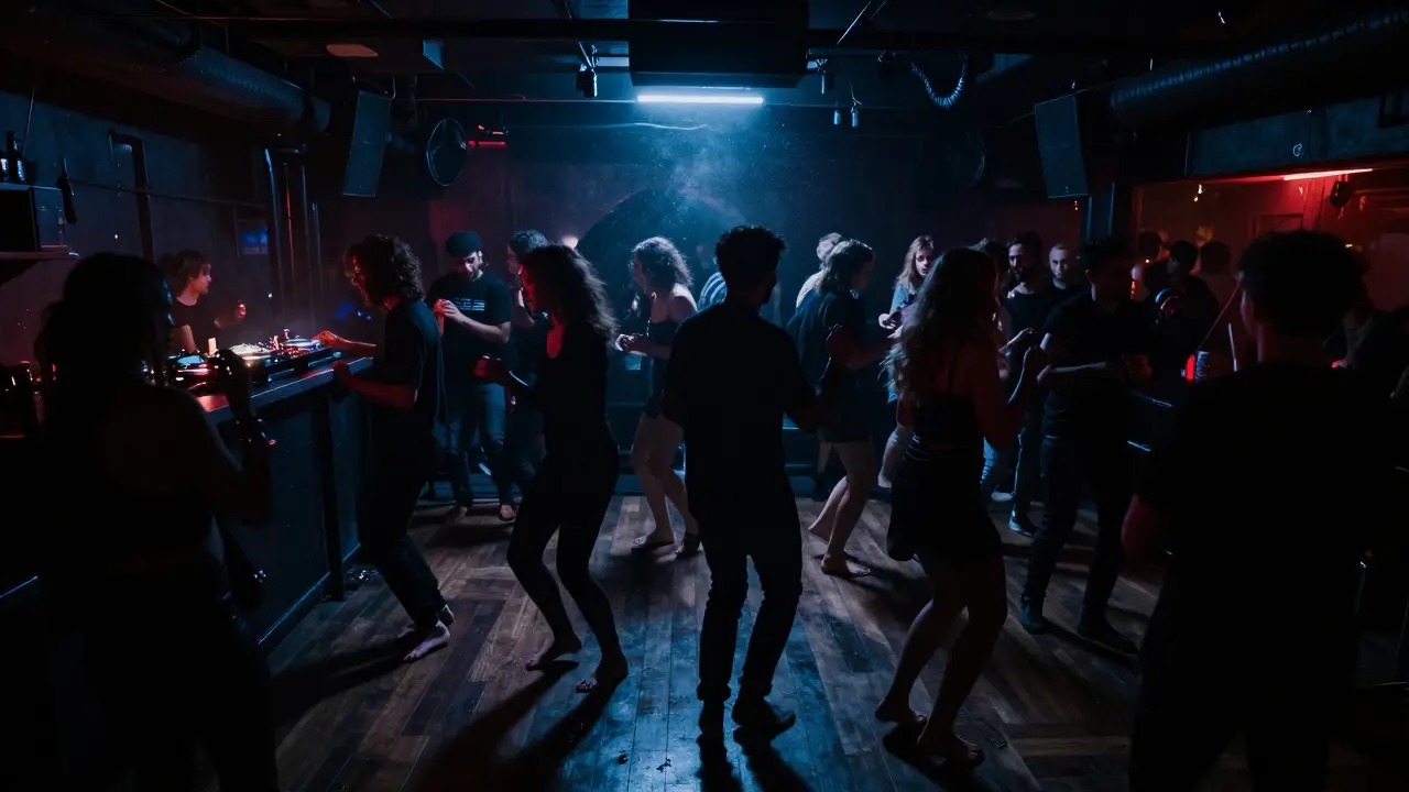 Crowd dancing in a dark, underground Milanese club with pulsing lights and no signage.