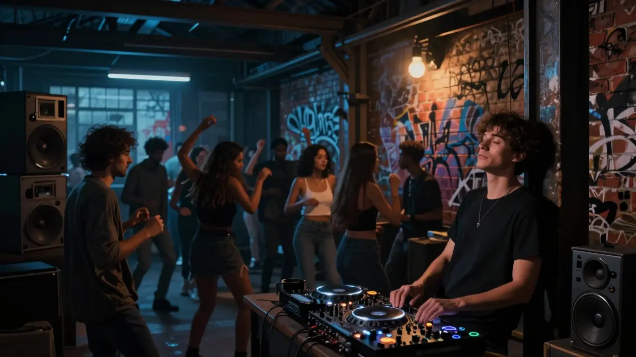 Crowd dancing in an underground warehouse party with industrial lighting and techno beats.