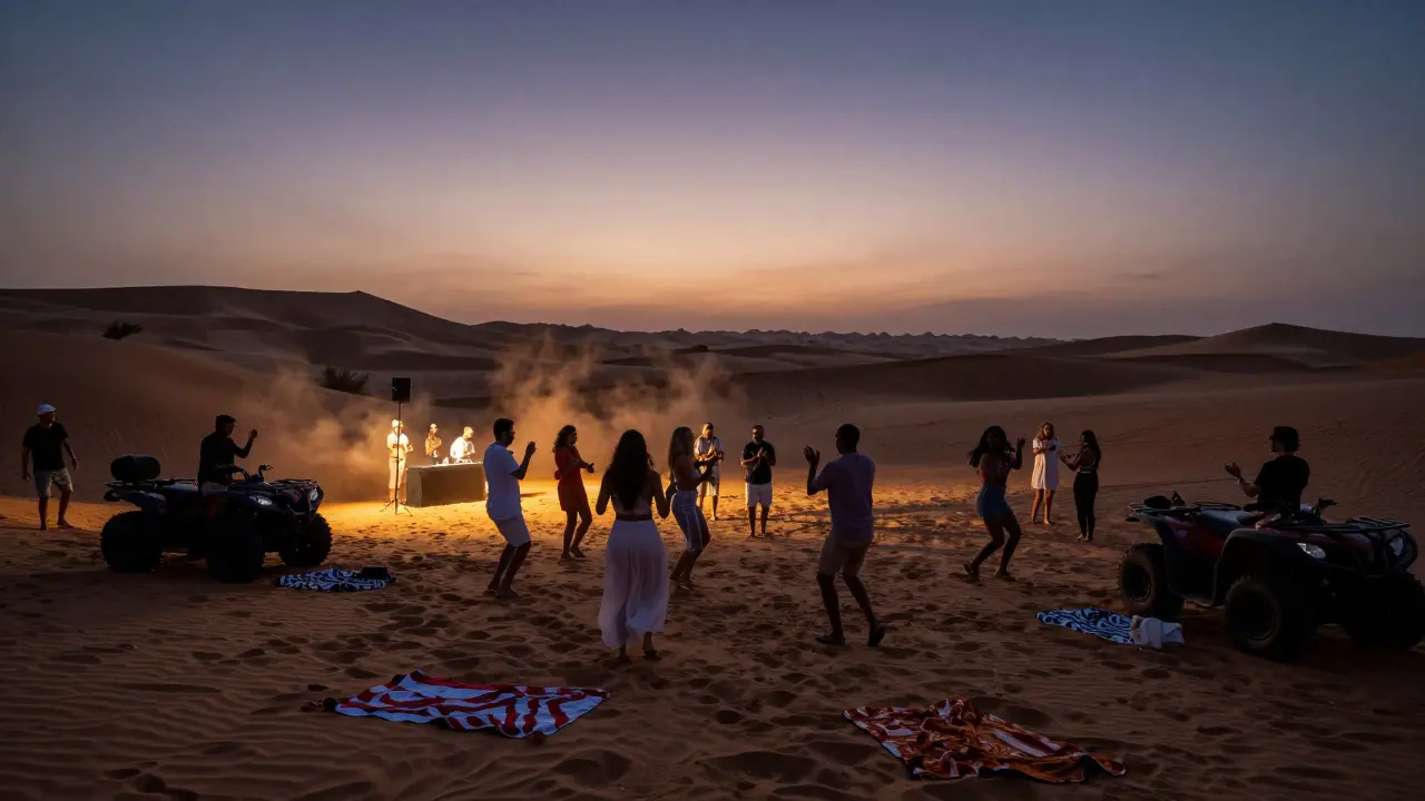 Desert party at dawn with guests dancing under sunrise, ATVs and sand dunes in background, no phones visible.