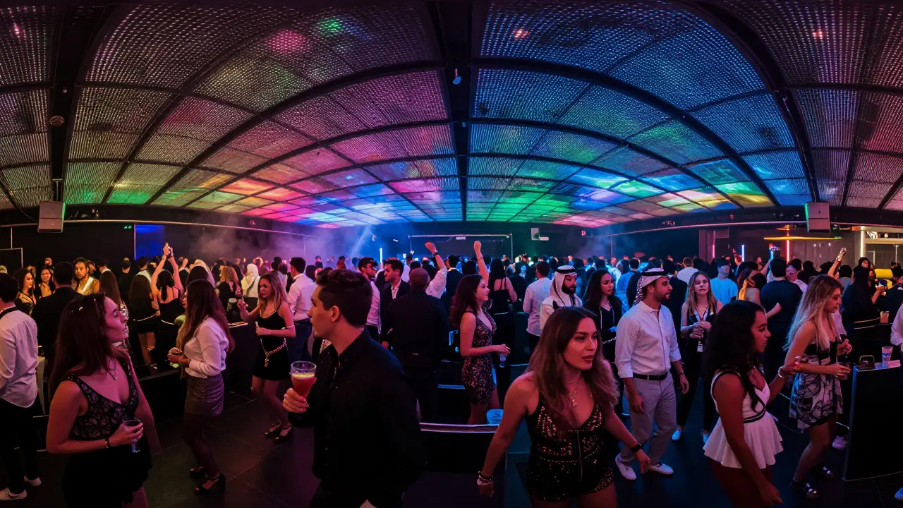 Diverse crowd dancing under a pulsing 360-degree LED ceiling in a Dubai nightclub, vibrant lights swirling above.