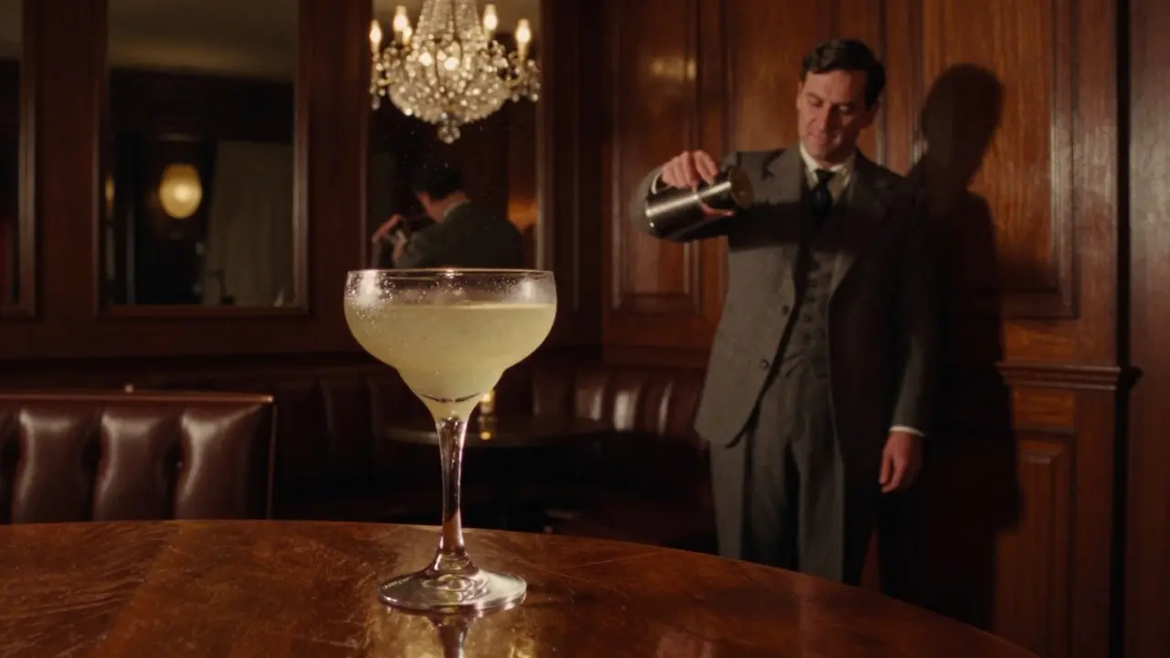 Elegant 1920s-style bar with walnut panels, chandelier reflections, and a chilled cocktail in a coupe glass.
