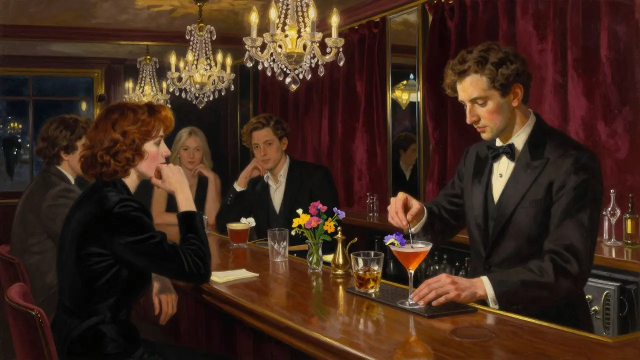 Elegant bar in Mayfair with crystal chandeliers and a bartender crafting a floral cocktail.