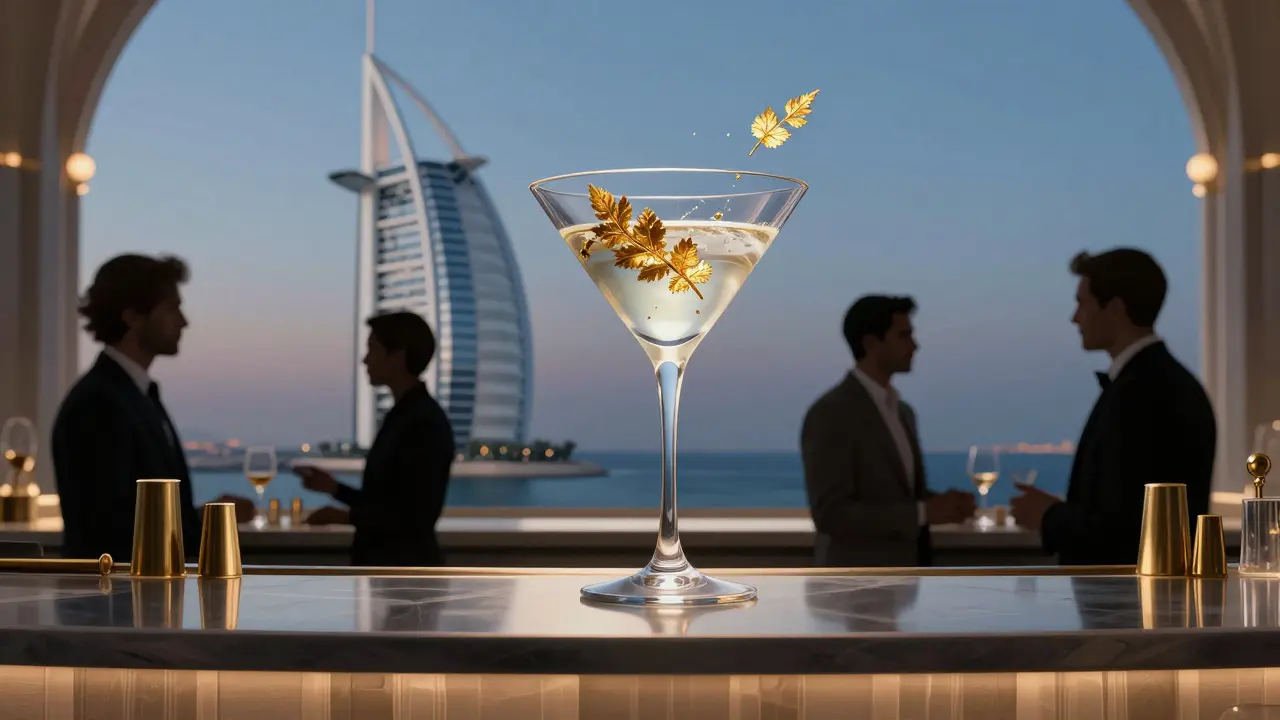Elegant martini with gold leaf at Skyview Bar, overlooking the Arabian Gulf at dusk.