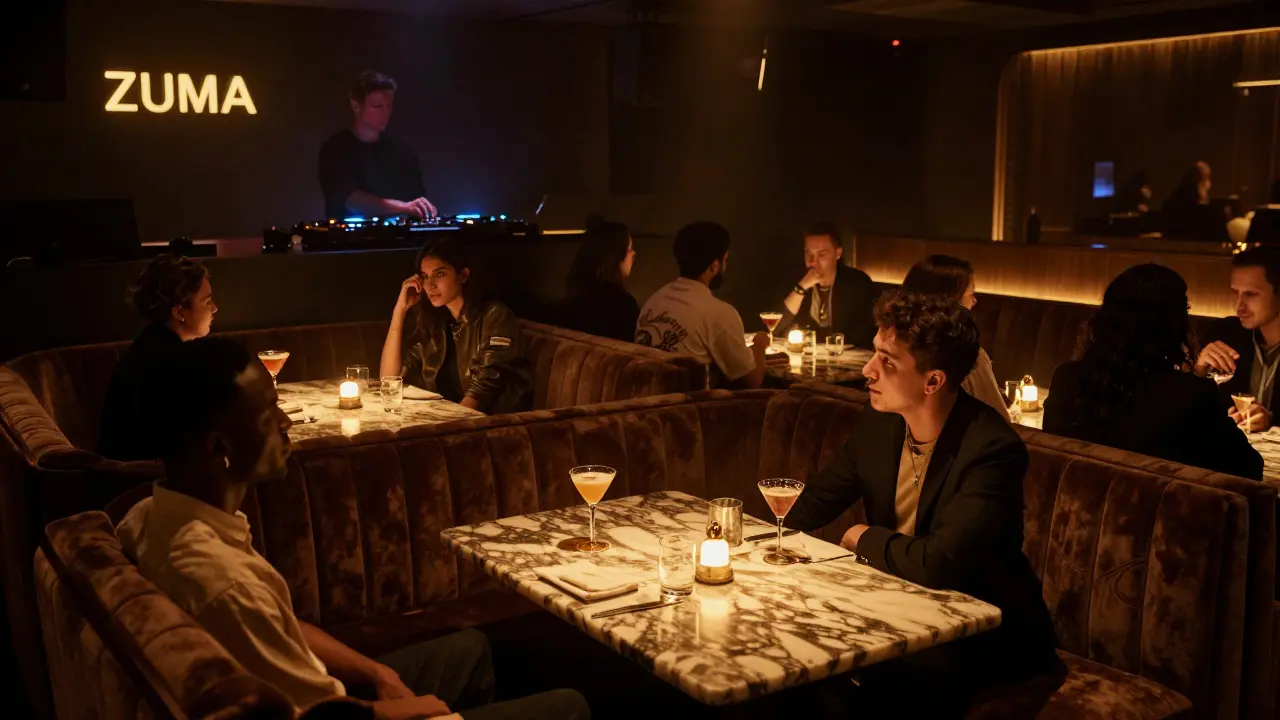 Elegant nightclub interior with dim lighting and sophisticated crowd enjoying live music.