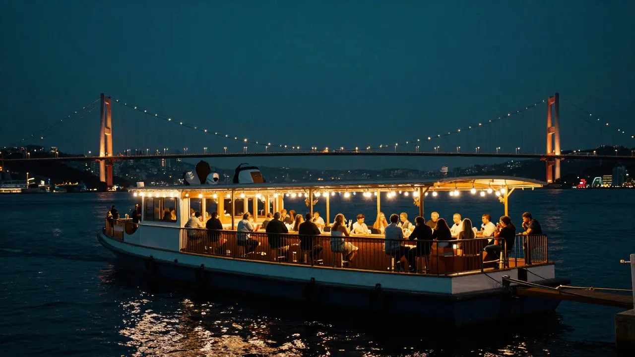 Floating bar on the Bosphorus at night, guests drinking under string lights with bridge reflections.