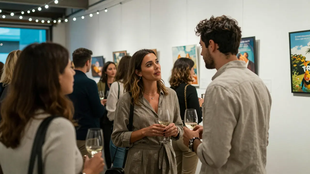 Guests conversing at an art gallery opening in Abu Dhabi, holding wine glasses under string lights.
