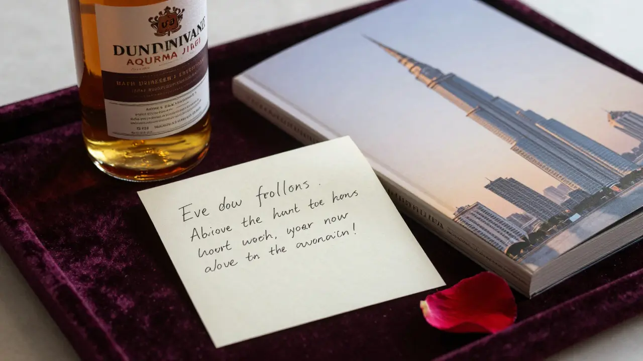 Handwritten note, whiskey bottle, and art book on velvet tray, symbolizing a thoughtful farewell.