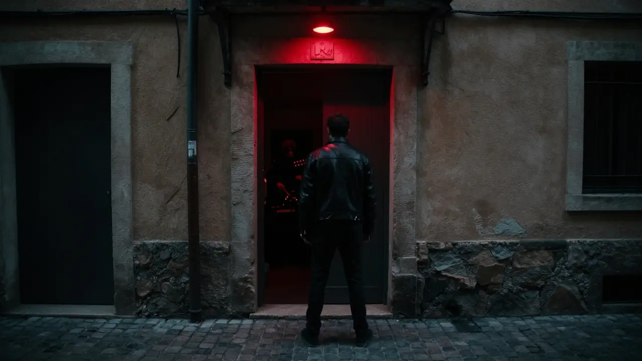 Hidden entrance to a secret Monaco bar with a single red light above a door in a quiet alley.