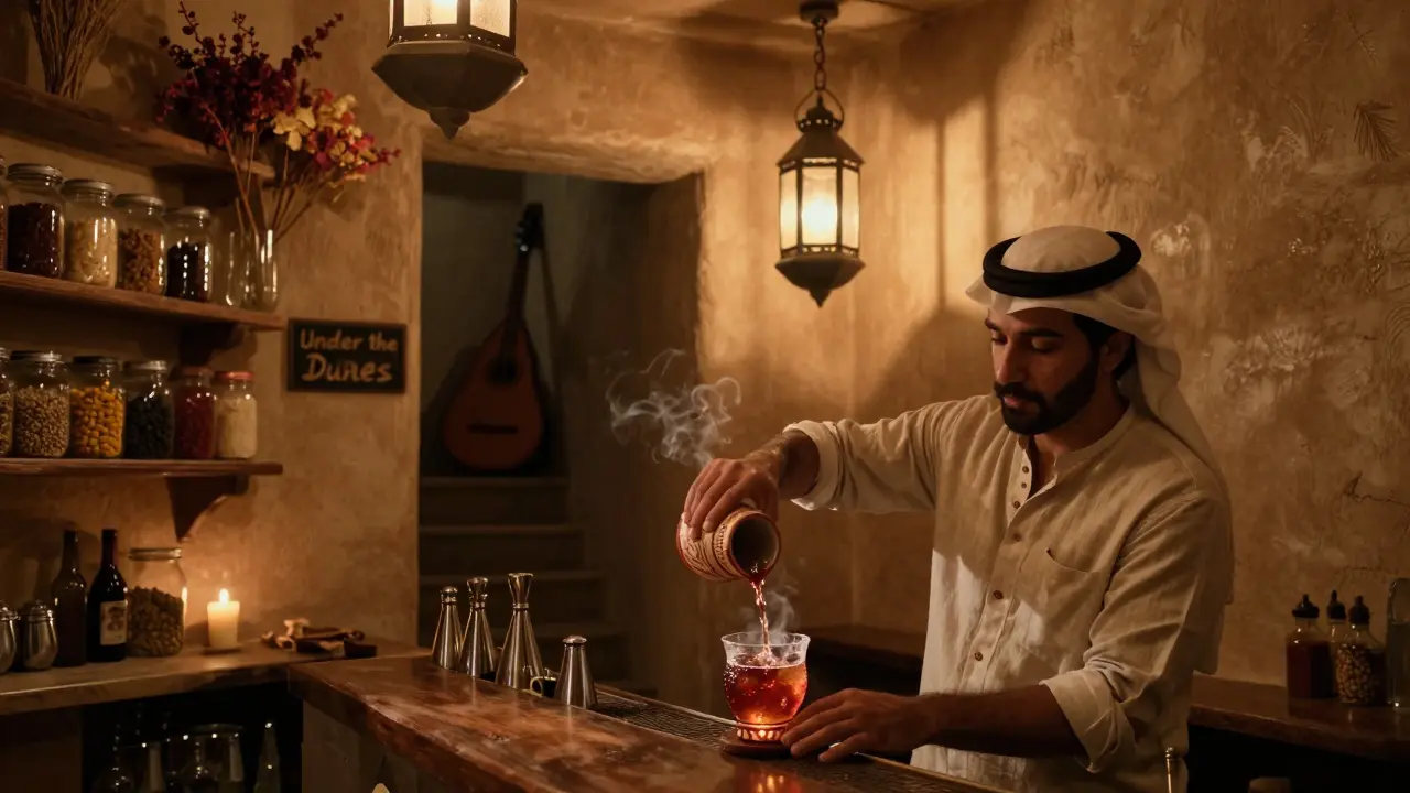 Hidden speakeasy interior with lantern light, bartender pouring a spiced cocktail in quiet ambiance.