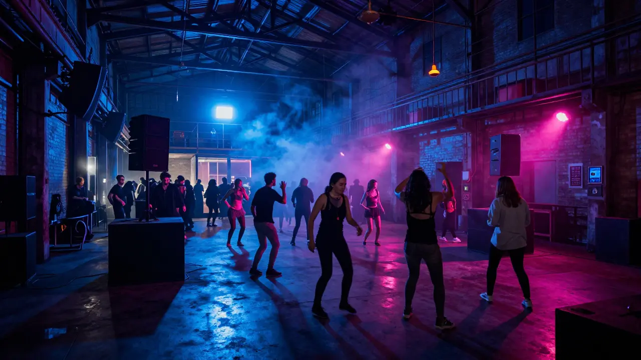 Industrial warehouse club with vibrant lights and energetic crowd dancing on crates.