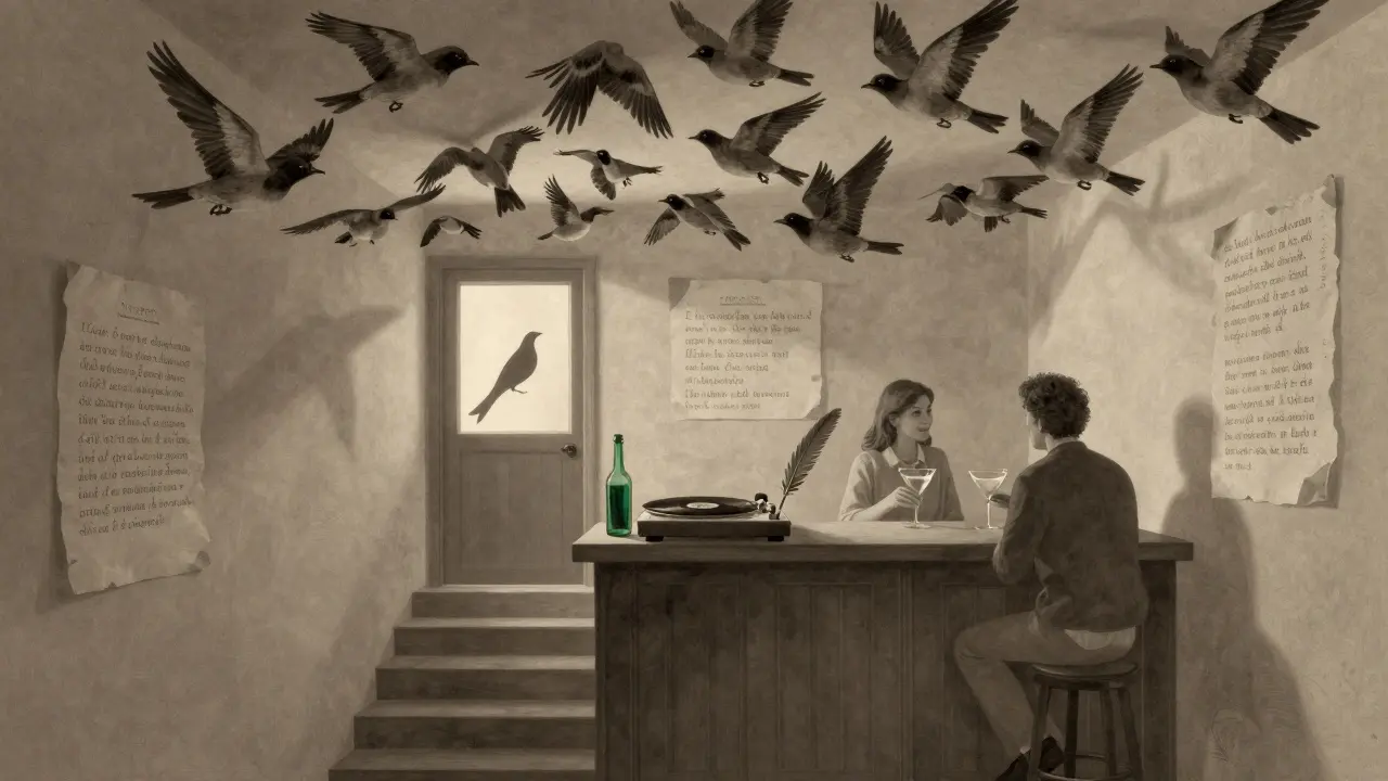 Inside a tiny bar with a ceiling full of taxidermied birds, soft jazz lighting, and quiet patrons.