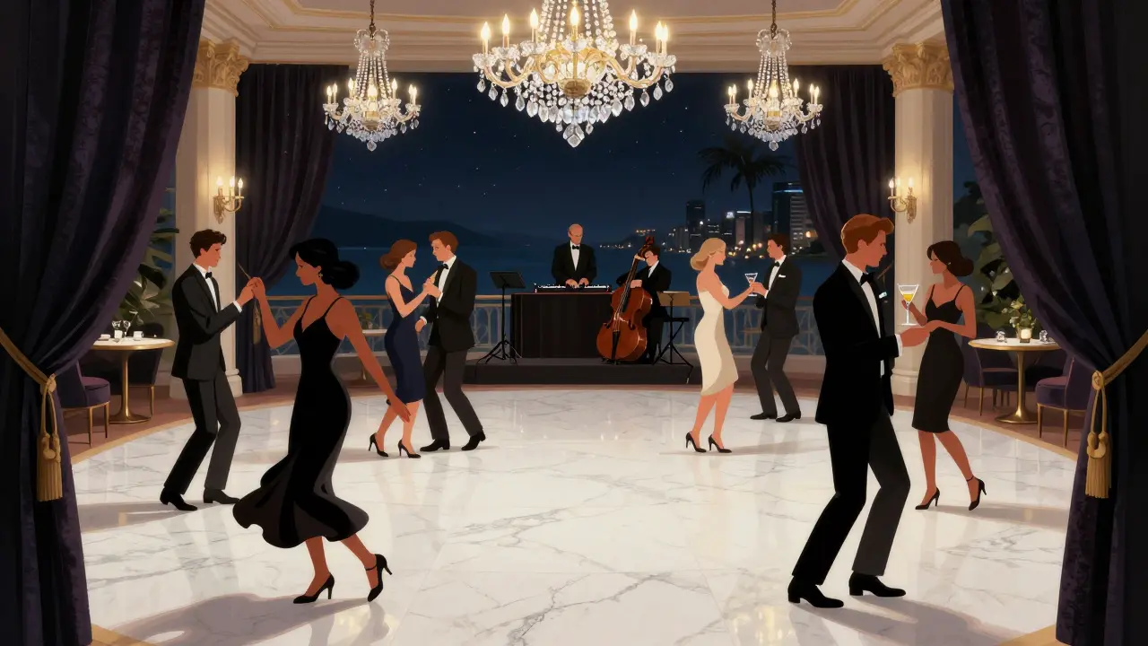 Luxurious nightclub interior with chandeliers, velvet curtains, and stylish guests dancing under soft lighting.