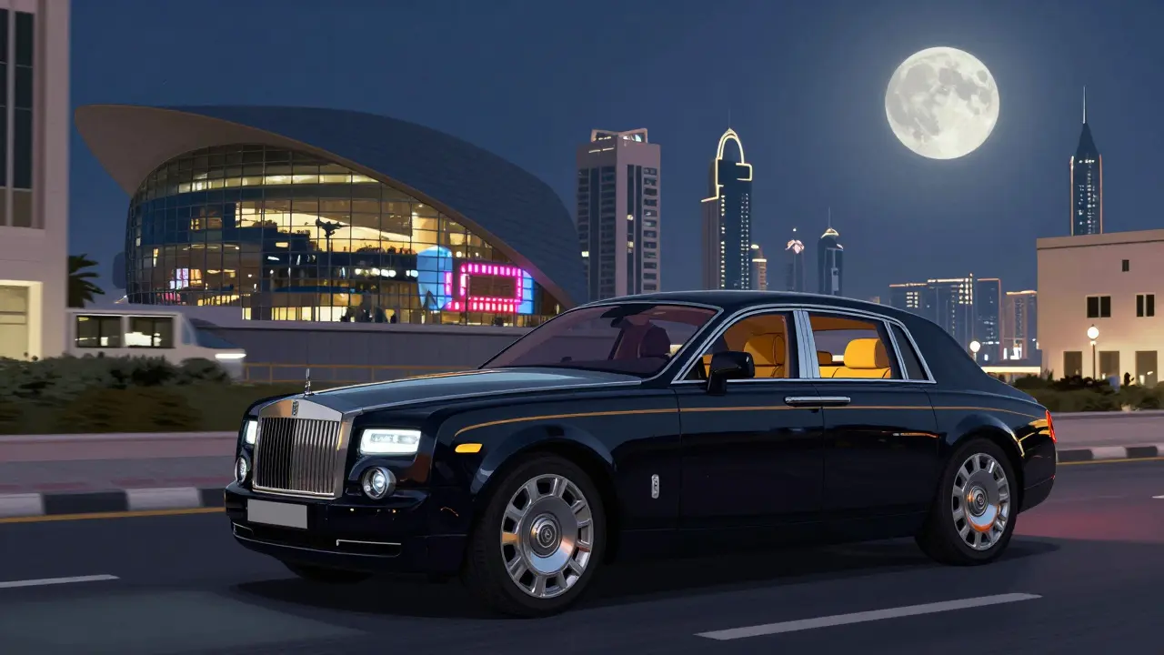 Luxury Rolls-Royce driving through Dubai at dusk, passing iconic landmarks with quiet elegance.