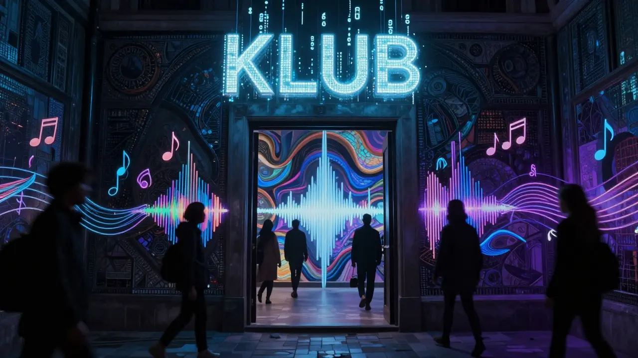 Mysterious hidden club entrance with glowing code and abstract sound art.