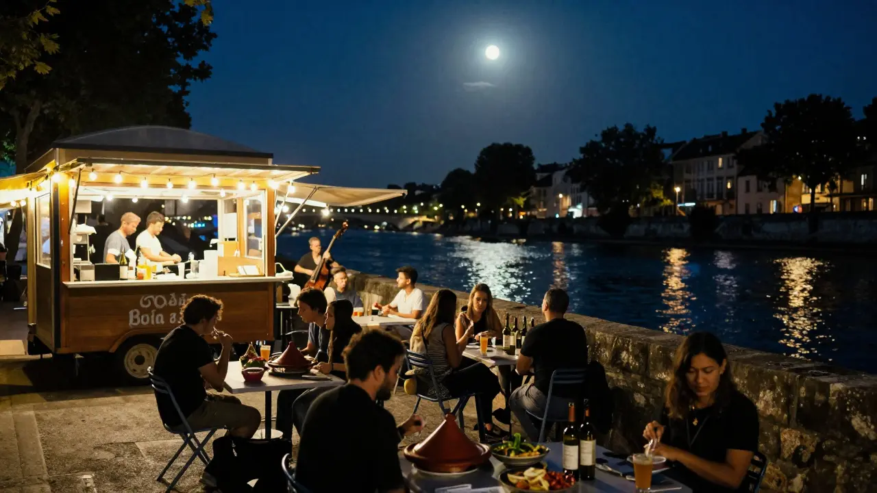 Night market along the Seine with food trucks and live jazz under the stars.