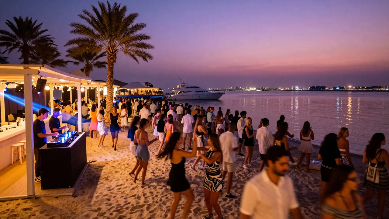 Nightlife scene at Dubai Marina with crowds at beach clubs, DJ booth glowing, palm trees, and water reflections under twilight sky.