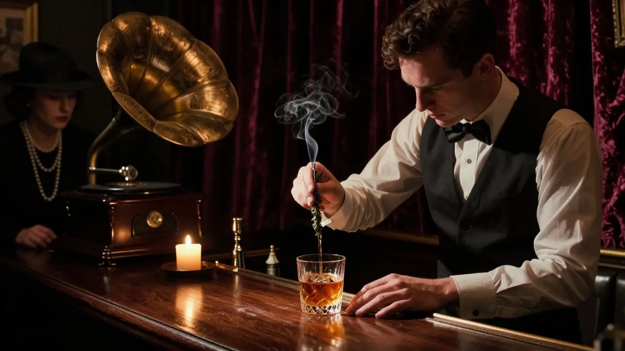 Noir-style bar with bartender making cocktail, jazz music, velvet drapes, candlelit intimacy.