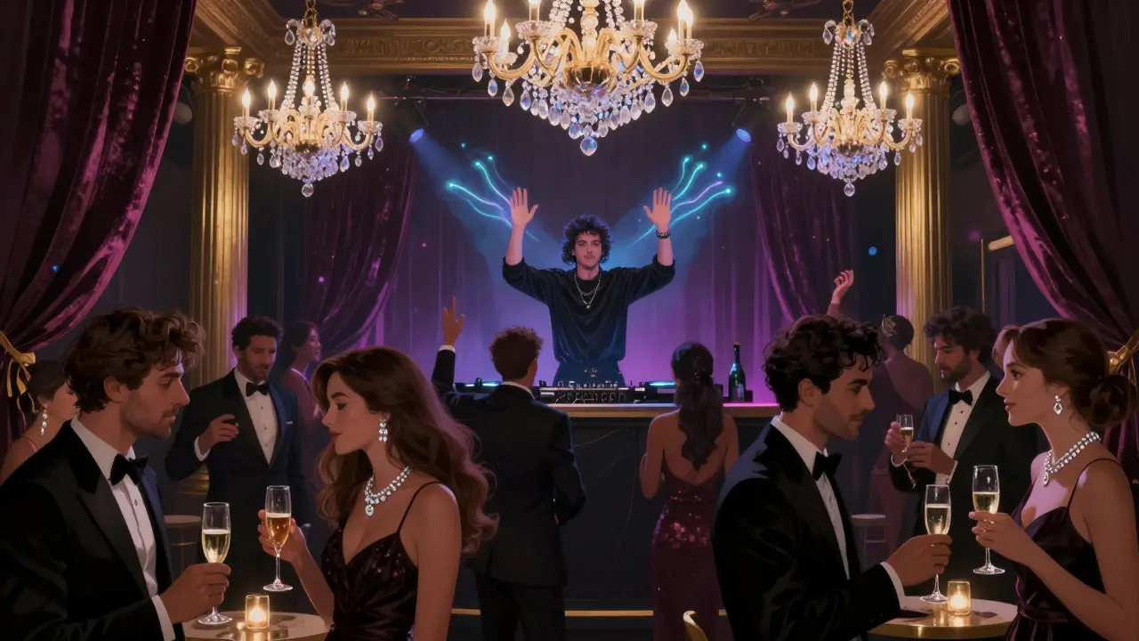 Opulent nightclub interior with velvet walls, golden chandeliers, and a DJ performing under pulsing neon lights amid a sophisticated crowd.