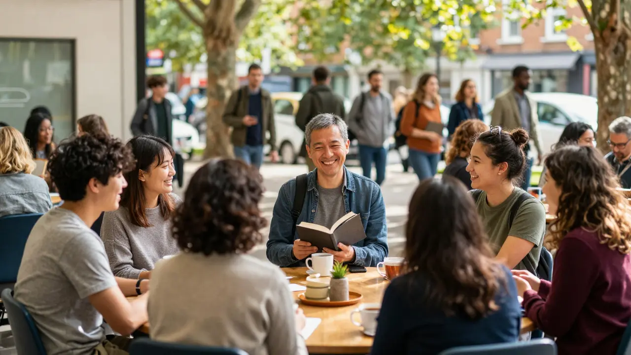 People gather in a warm, lively London community center, connecting over books and conversation.