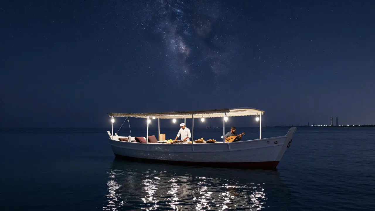 Private dhow cruise at midnight under starry sky with lanterns and seafood grilling on deck.