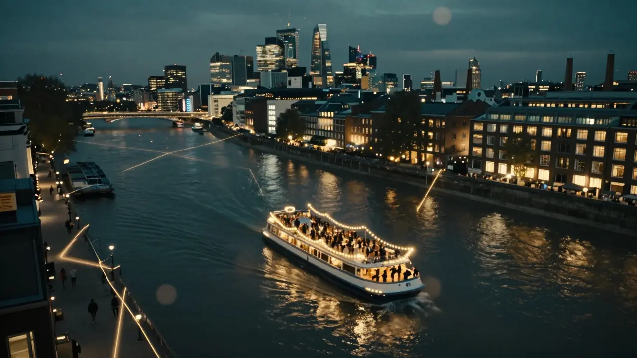 Riverboat party on the Thames at night with city lights glowing in the background.