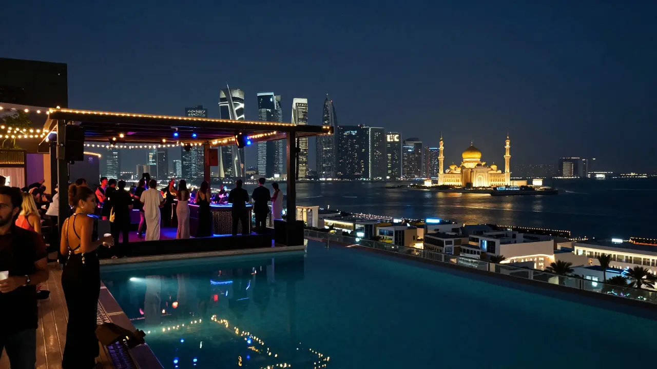Rooftop club with guests overlooking Abu Dhabi's skyline and glowing mosque at night.