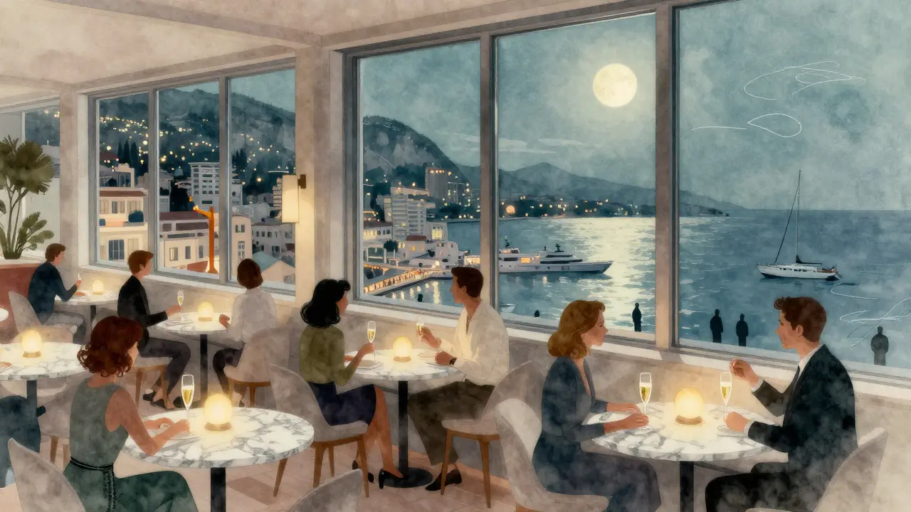 Rooftop lounge overlooking Monaco’s harbor at night, guests sipping champagne under soft lights and moonlit water.