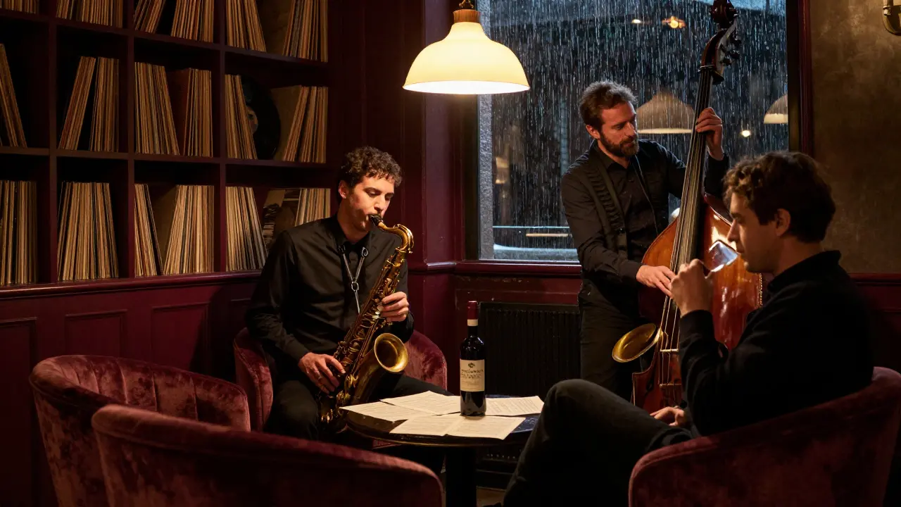Saxophonist playing jazz in a quiet, intimate Milan bar with soft lighting and a lone listener.