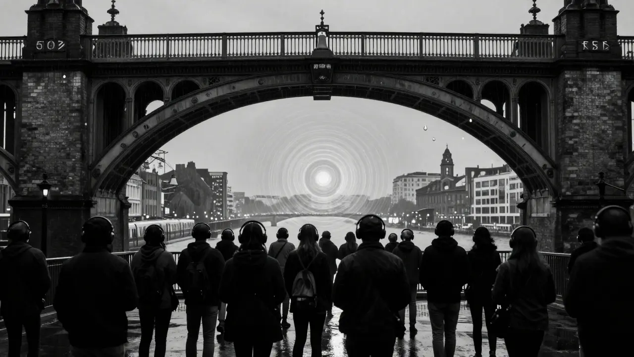 Silent disco under a bridge at night, 30 people in shadow wearing headphones, city sounds visualized as faint ripples in the air.